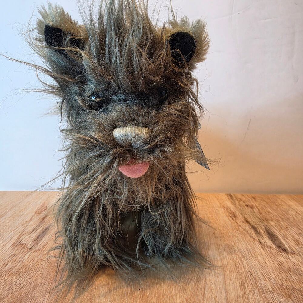 Wizard of Oz Toto plush shaggy gray fur blue/white gingham bow 7.7" tall